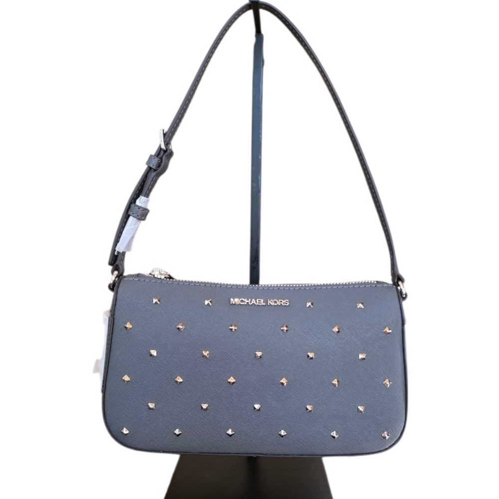 Michael Kors Pochette Slate Gray Silver Studded Leather Shoulder Bag
